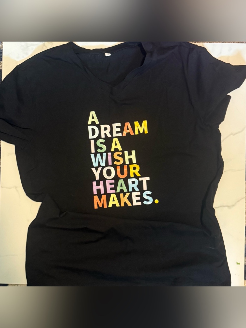 Black V-Neck Graphic Tee with Multicolor Motivational Text
